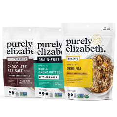 Purely Elizabeth Chocolate Sea Salt Ancient Grain Granola bag with crave-worthy crunch, great with milk