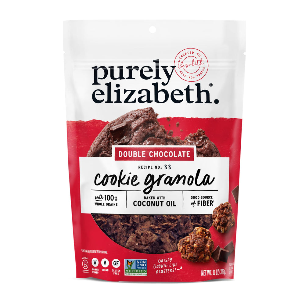 Purely Elizabeth Double Chocolate granola chunks for a crispy snack.