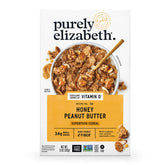 Purely Elizabeth Honey Peanut Butter Cereal pack front highlighting Vitamin D and fiber benefits.
