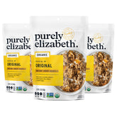 Purely Elizabeth Ancient Grain Granola bag showing three-pack convenience for gluten-free snacking