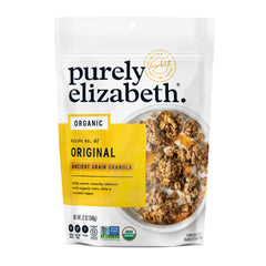 Purely Elizabeth Ancient Grain Granola bag, gluten-free oats highlight a wholesome breakfast.