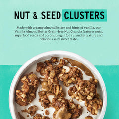 Purely Elizabeth Vanilla Almond Butter Granola ingredients highlight seeds and nuts.