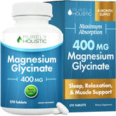 Purely Holistic Magnesium Glycinate 400mg bottle front, showcasing high-strength support for daily relaxation.