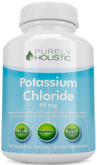 Purely Holistic Potassium Chloride tablets in bottle front offering daily electrolyte support.