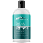 Purely Northwest Tea Tree Body Wash bottle closeup highlights refreshing cleanse for daily use.