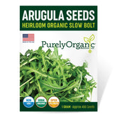 Purely Organic Arugula Seeds Slow Bolt packaging shows the heirloom variety for garden use