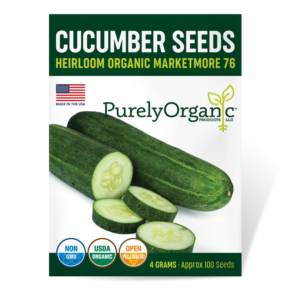 Purely Organic Marketmore 76 seeds packet front, ideal for home gardens seeking organic cucumbers.