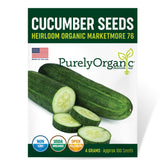 Purely Organic Marketmore 76 seeds packet front, ideal for home gardens seeking organic cucumbers.