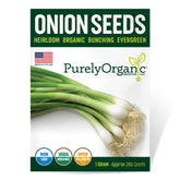 Purely Organic Onion Seeds Bunching Evergreen packet shown, ideal for fresh green onions in salads