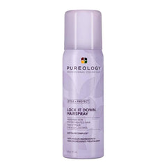 Pureology Lock It Down hairspray bottle closeup for color-treated hair with maximum hold.