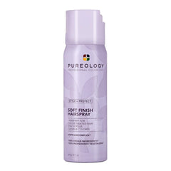 Pureology Soft Finish Hairspray bottle closeup shows silicone-free color-safe formula.
