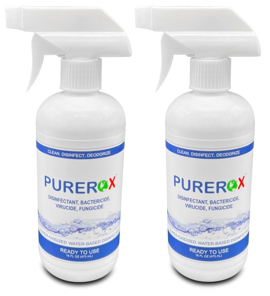 PUREROX disinfectant bottle front view showing ready-to-use all-surface protection.