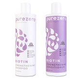 Purezero Biotin Shampoo bottle front, salon-inspired formula for stronger, voluminous hair.