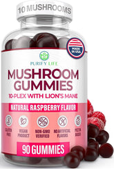 Purify Life Mushroom Complex Gummies bottle label showing brand and daily wellness.
