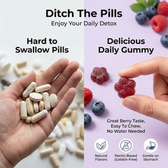 Gummies poured from Purify Life jar ready for a quick daily detox routine.