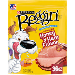 Purina Beggin’ Limited Edition Honey N’ Ham package on display, premium dog treat for rewards.