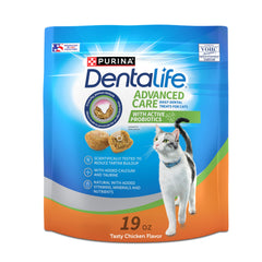 Purina DentaLife treats in pouch show a crunchy texture for dental care.