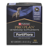Purina FortiFlora dog probiotic powder supports digestive balance when sprinkled on meals.