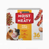 Purina Moist & Meaty Rise and Shine Awaken bacon and egg pouch packaging for quick, mess-free serving.