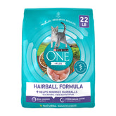 Purina ONE Plus Hairball Formula bag front highlights hairball control benefits
