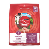 Purina ONE Plus Healthy Puppy bag closeup highlighting real chicken as first ingredient