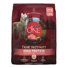 Purina ONE True Instinct beef and salmon dry dog food bag boosts protein for active dogs