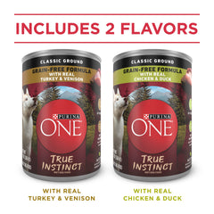 Purina ONE True Instinct Classic Ground two-recipe variety pack shows dual flavor options