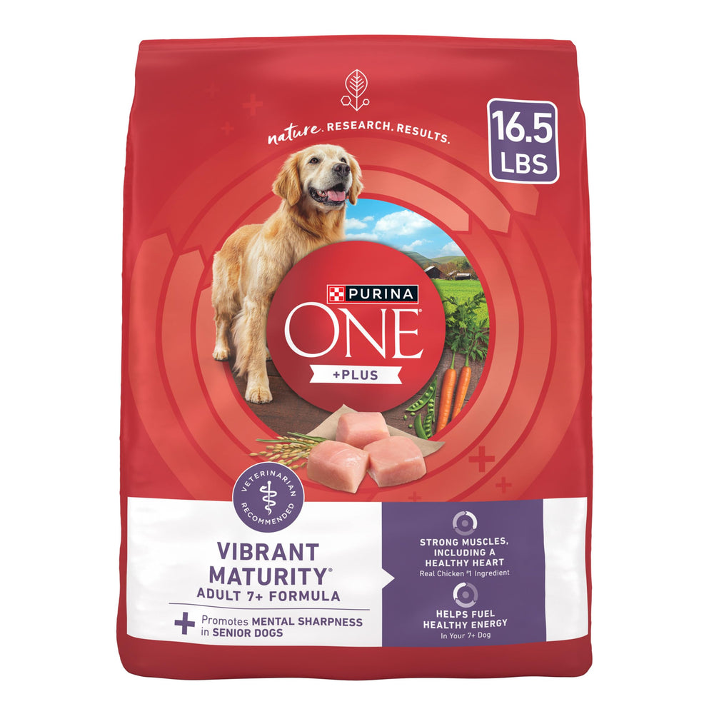 Purina ONE Vibrant Maturity 7+ formula bag shown for senior dog nutrition.