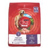 Purina ONE Vibrant Maturity 7+ formula bag shown for senior dog nutrition.