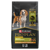 Purina Pro Plan Adult 7 Plus Weight Management bag label highlights a senior formula for weight control.