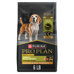 Purina Pro Plan Adult 7 Plus Weight Management bag label highlights a senior formula for weight control.