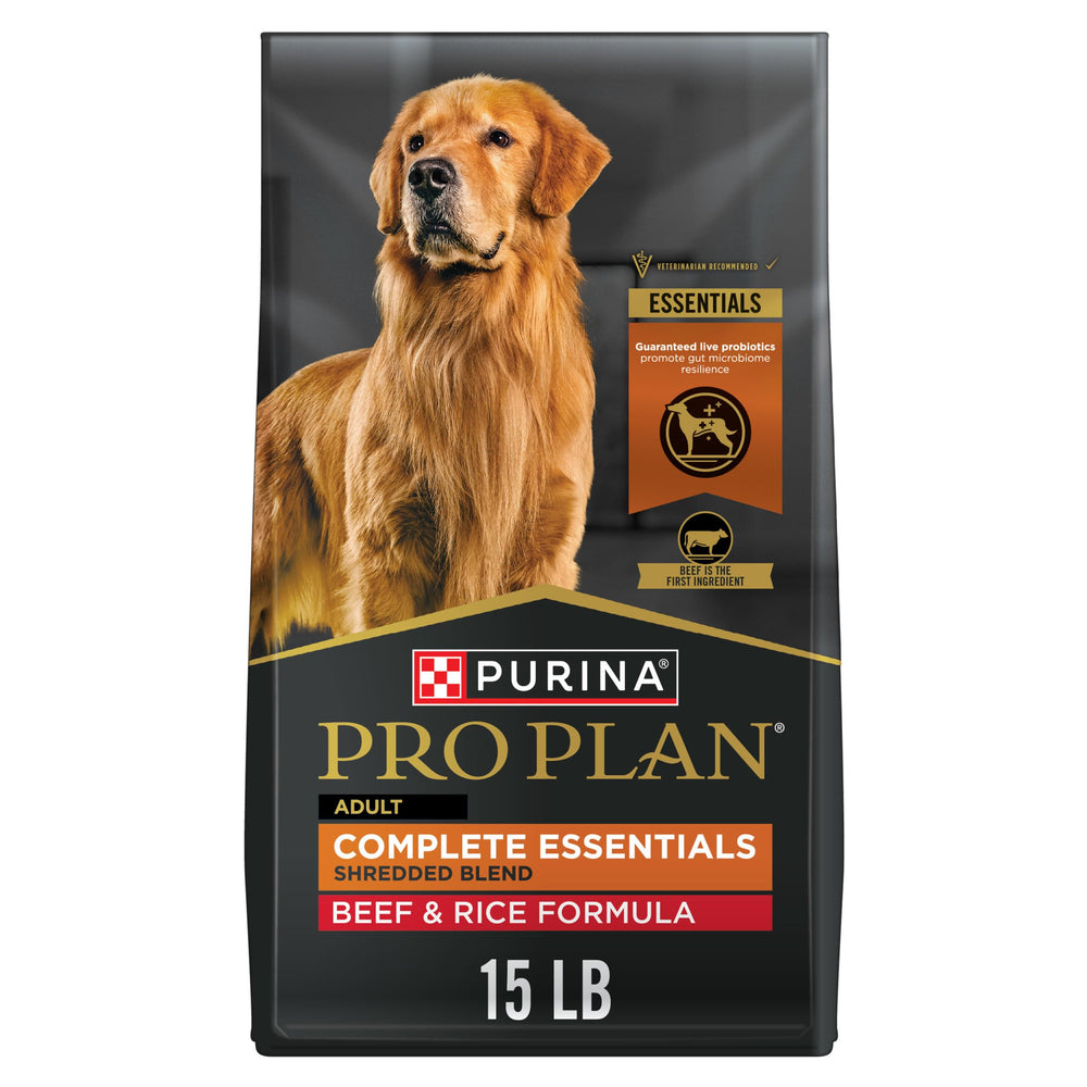 Purina Pro Plan Complete Essentials beef and rice kibble for balanced daily nutrition