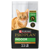 Purina Pro Plan indoor chicken and rice bag showing real chicken first ingredient for protein.