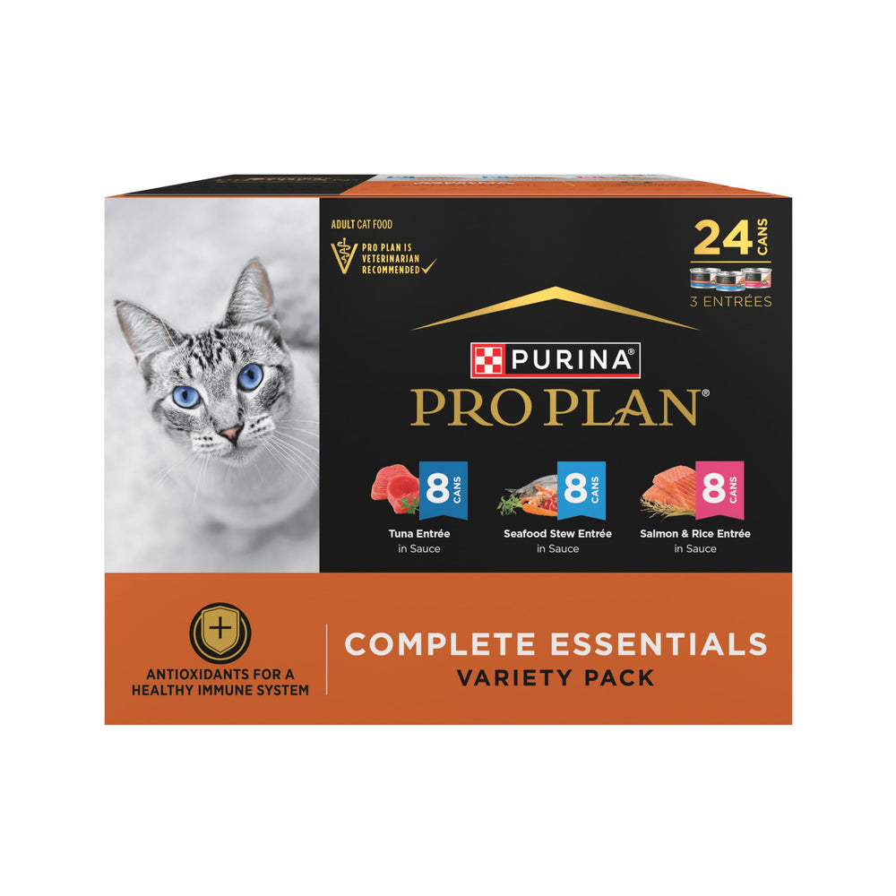 Purina Pro Plan SeaFood Favorites salmon entree image, high-protein wet cat food for adult cats.