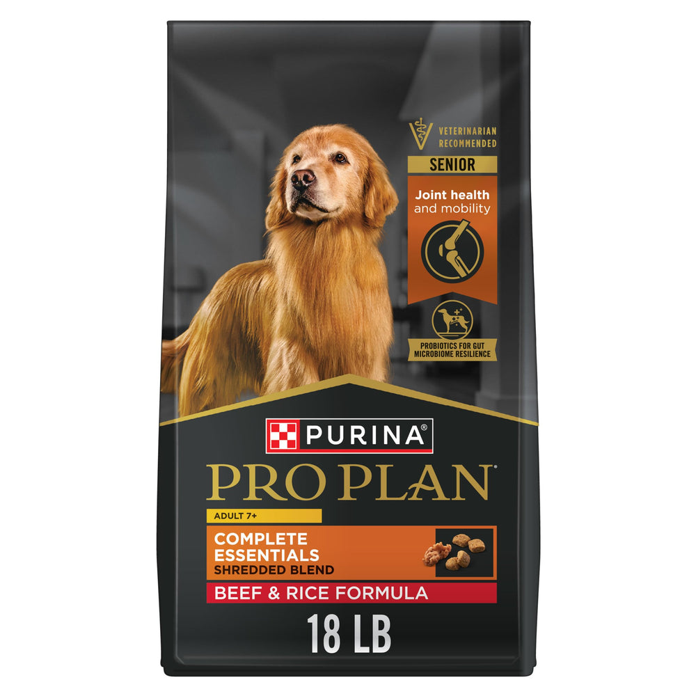 Purina Pro Plan Senior 7 Plus beef and rice kibble in bag promotes lean muscle