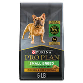 Purina Pro Plan Small Breed Shredded Blend bag shows small-dog friendly texture for easy eating