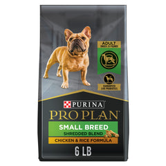 Purina Pro Plan Small Breed Shredded Blend bag shows small-dog friendly texture for easy eating