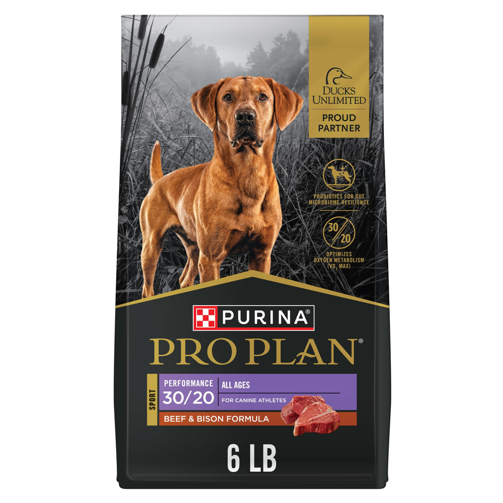 Purina Pro Plan Sport beef and bison bag front highlighting lean muscle support.