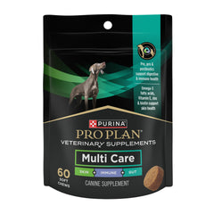 Purina Pro Plan Veterinary Supplements Multi Care dog chews in bottle, supporting skin, coat, and immunity.