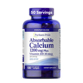 Puritan's Pride Absorbable Calcium bottle on shelf, emphasizing bone support.
