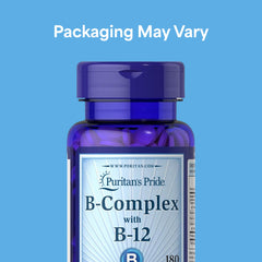 Puritan's Pride B12 tablets closeup highlighting daily energy support.