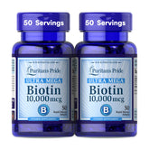 Puritan's Pride Biotin 10000mcg softgel bottle supports healthy hair, skin, and nails