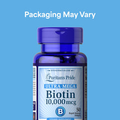 Puritan's Pride Biotin 10000mcg softgel close-up highlighting high-potency energy metabolism