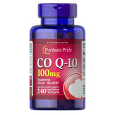 Puritan's Pride CoQ10 100mg softgels in bottle support cellular energy and healthy circulation.