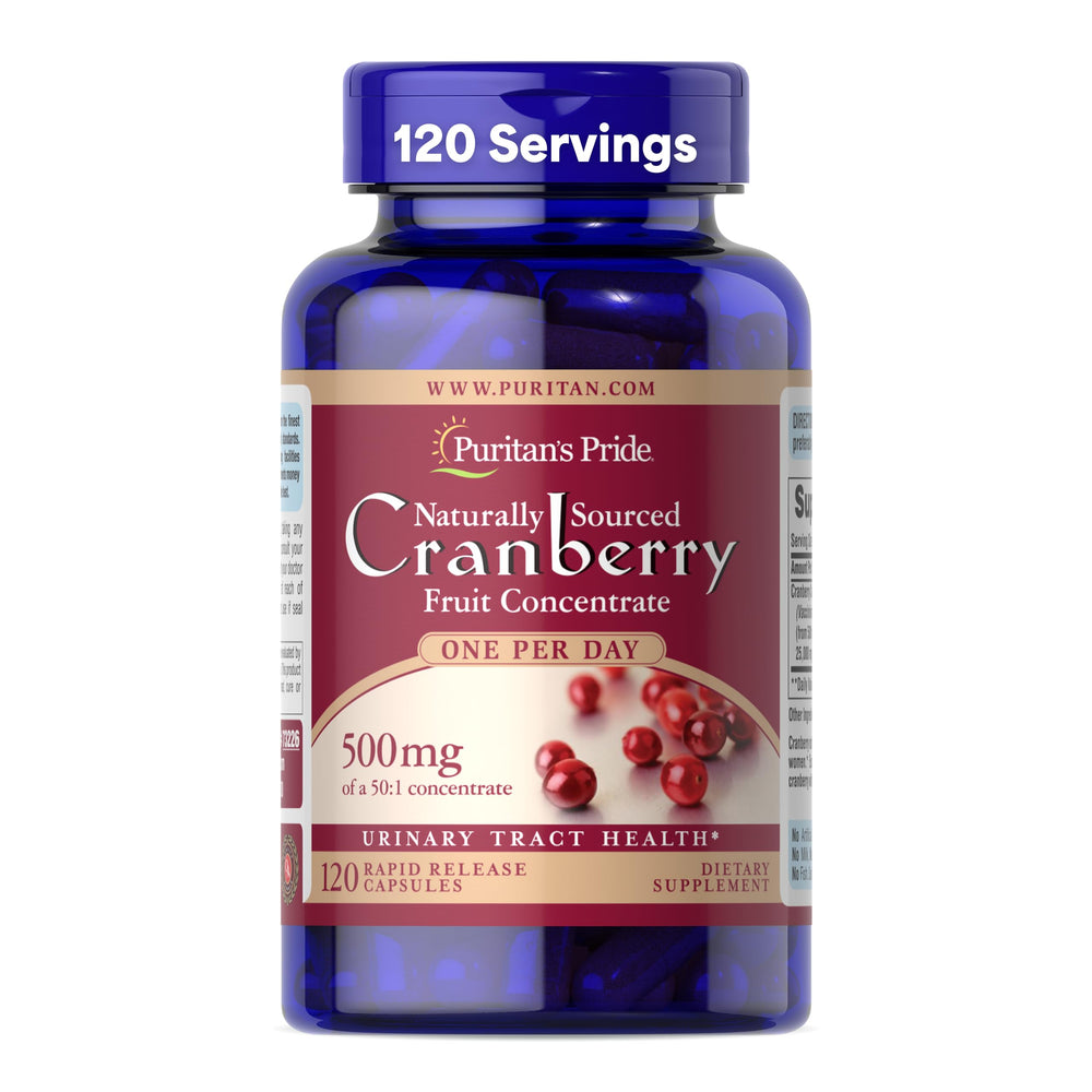 Puritan's Pride cranberry concentrate bottle displaying 500 mg per serving for daily use
