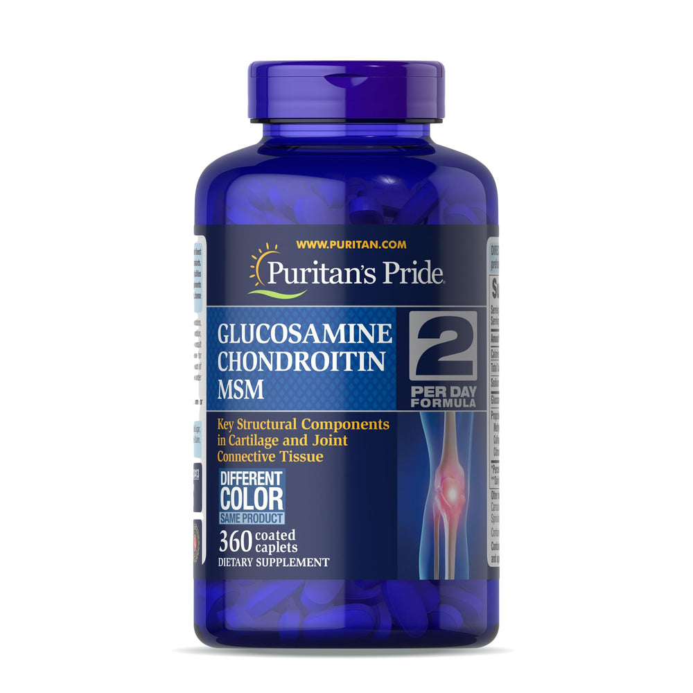 Puritan's Pride glucosamine chondroitin msm bottle on shelf suggesting joint support.