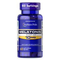 Puritan's Pride Melatonin 10mg bottle on nightstand aids smoother sleep onset