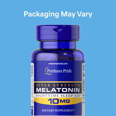 Puritan's Pride Melatonin capsules close-up aid natural sleep.