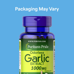Puritan's Pride odorless garlic softgels pack for easy daily routine.