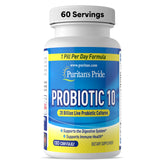 Puritan's Pride Probiotic 10 bottle front with 20 billion cultures for digestive support.